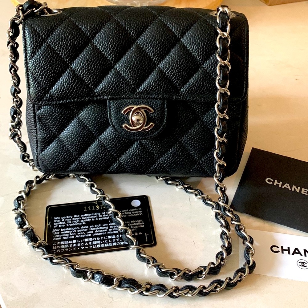 CHANEL Rare Caviar “1”Series Mini Quilted Crossbody Black Flap Bag 🖤 Silver HW